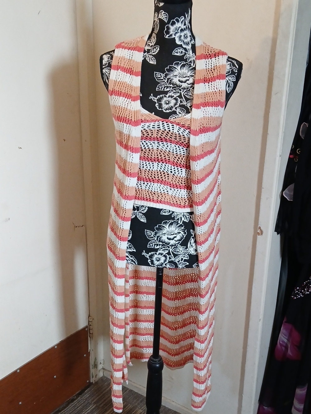 Striped Open-Front Crochet V-Neck Vest and Tank Set in Pink and Cream
